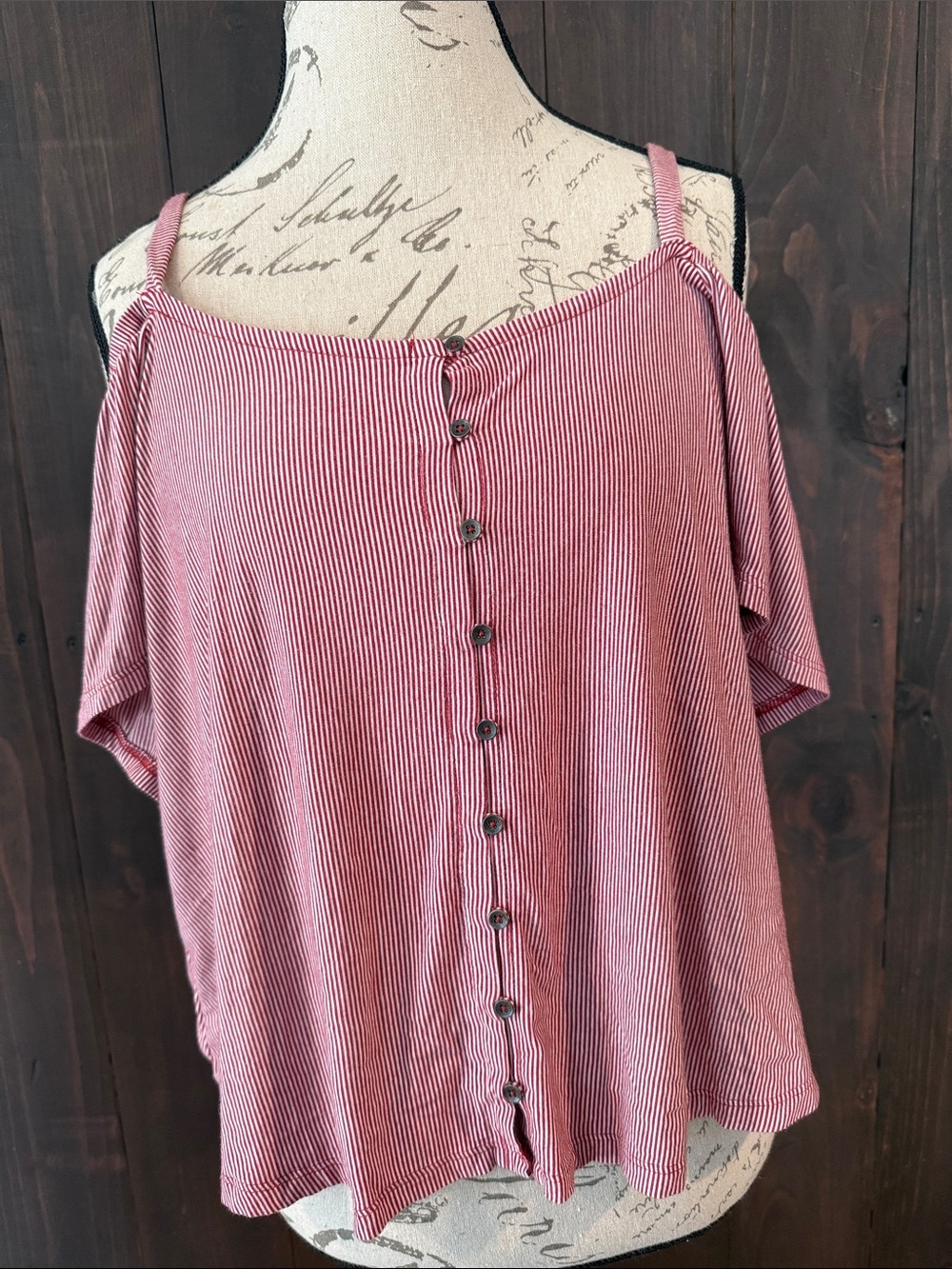 American Eagle Outfitters Pink Striped Cold-Shoulder Button-Front Top